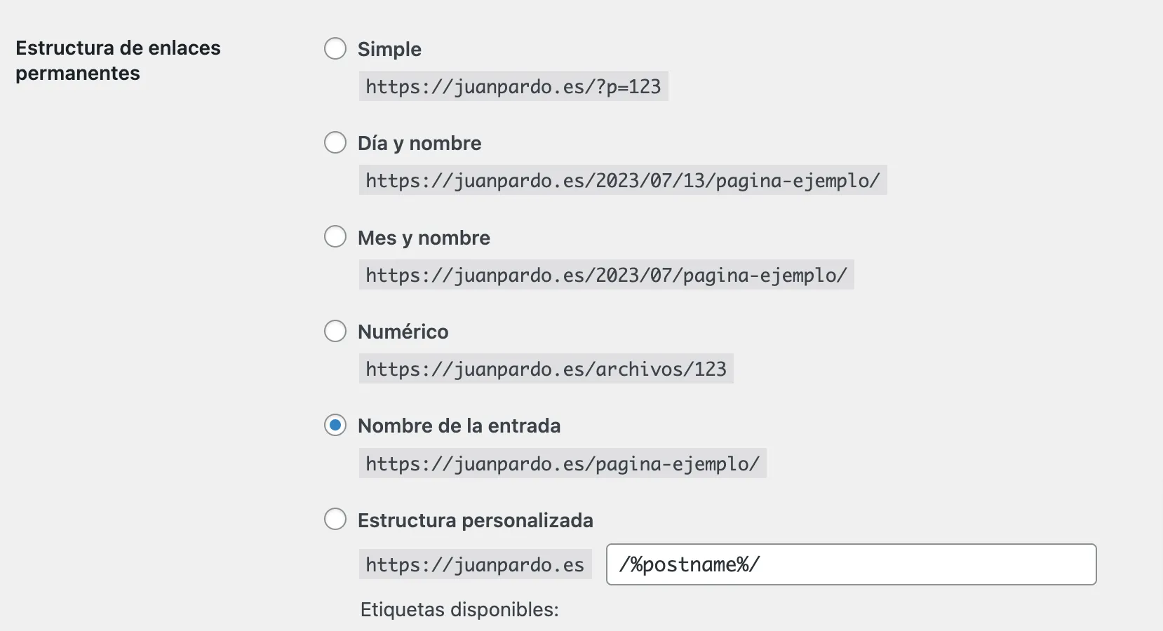 Ajustes de enlaces permanentes en WordPress