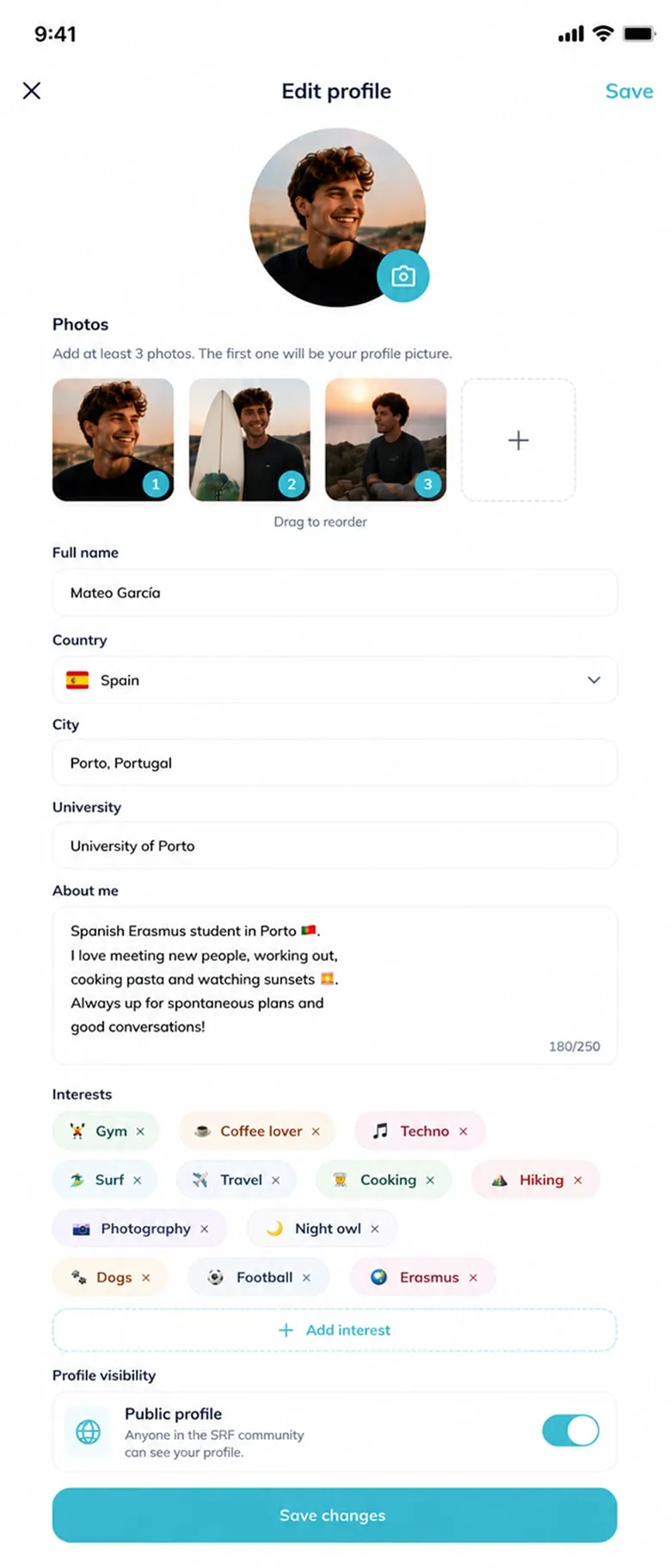 Editar perfil: fotos, universidad, intereses y visibilidad