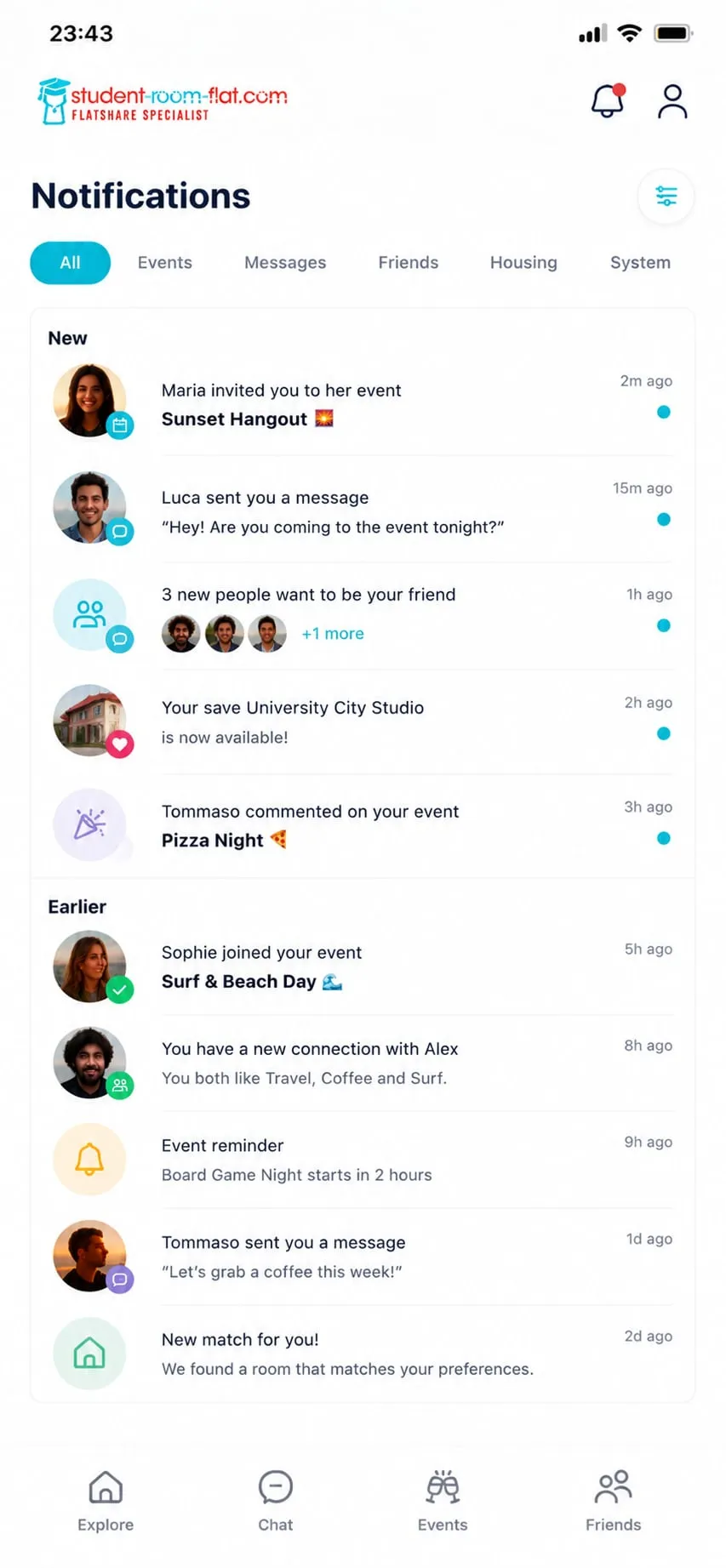 Notificaciones de eventos, mensajes, amigos y reservas